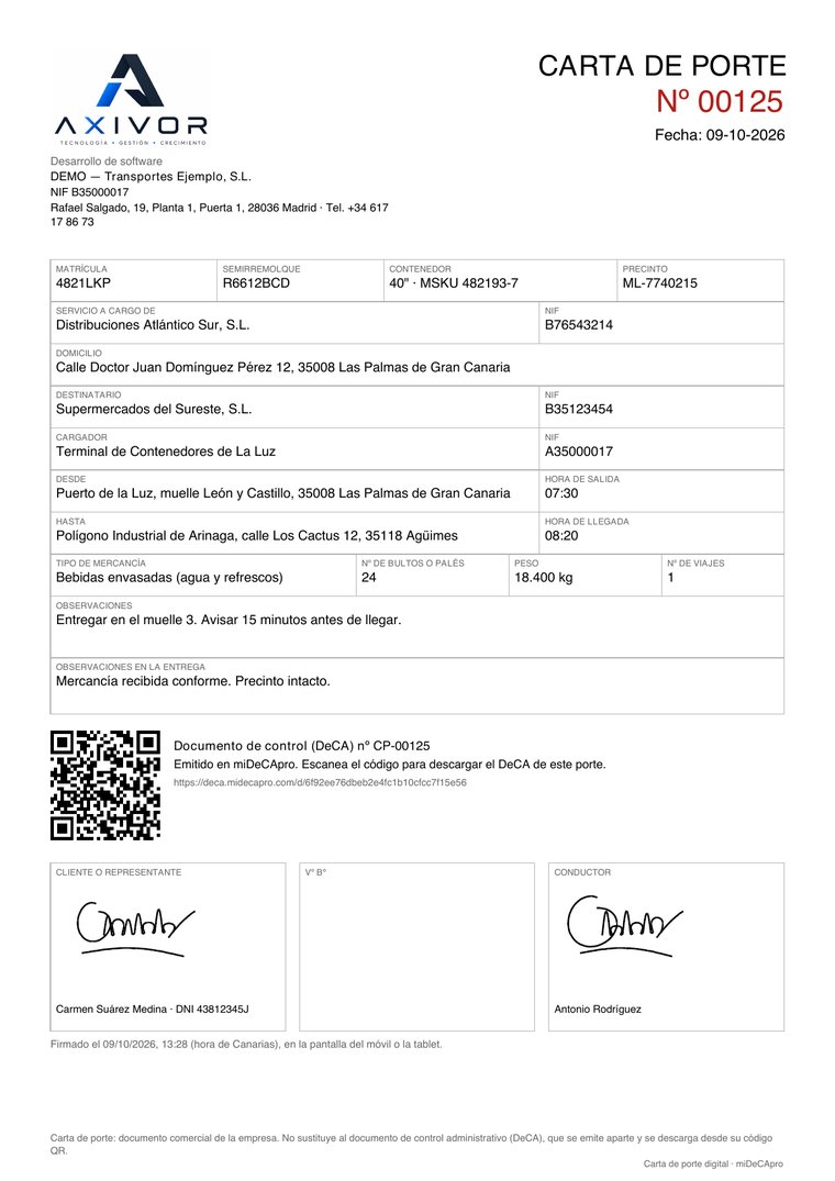 Carta de porte de muestra con logo, el QR de su DeCA y las firmas del cliente y del conductor